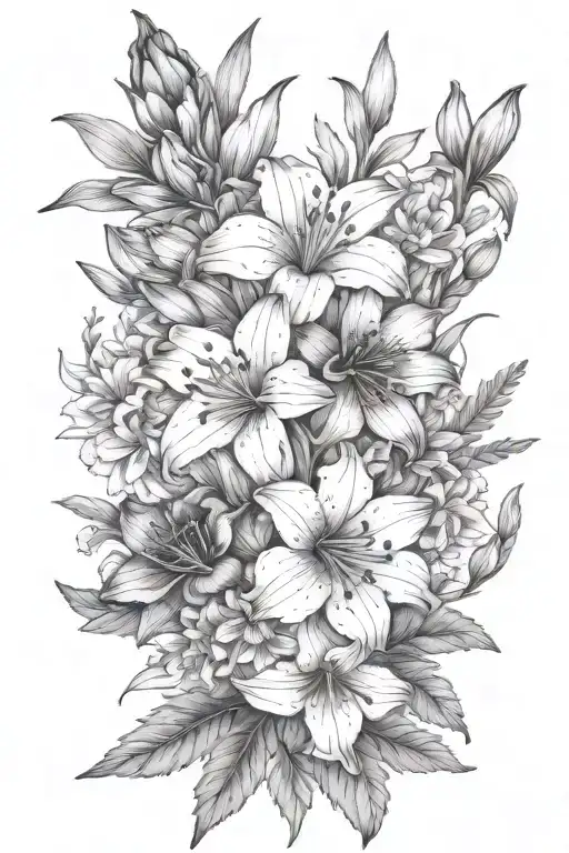 lily, hawthorn, poppy, gladiolus, marigold, cosmos flower arrangement tattoo design idea