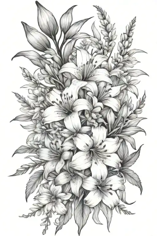 lily, hawthorn, poppy, gladiolus, marigold, cosmos flower arrangement tattoo design idea