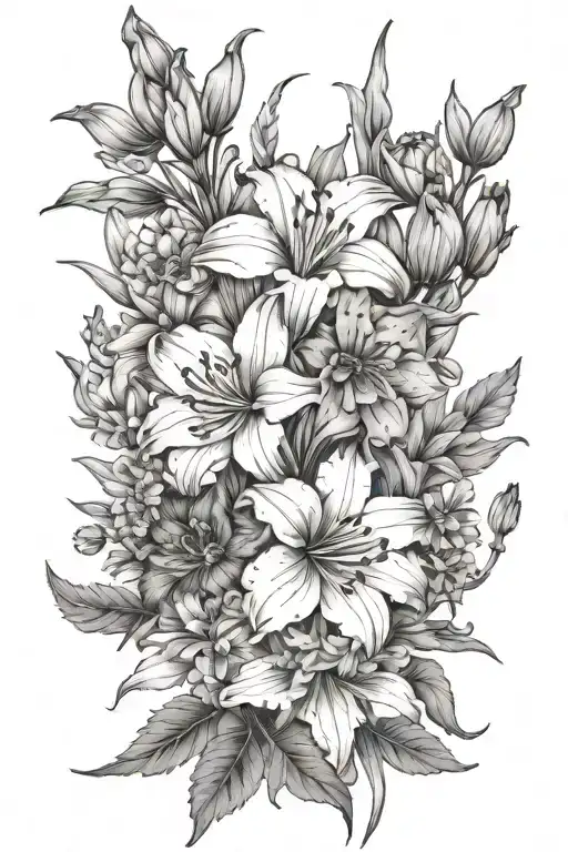 lily, hawthorn, poppy, gladiolus, marigold, cosmos flower arrangement tattoo design idea