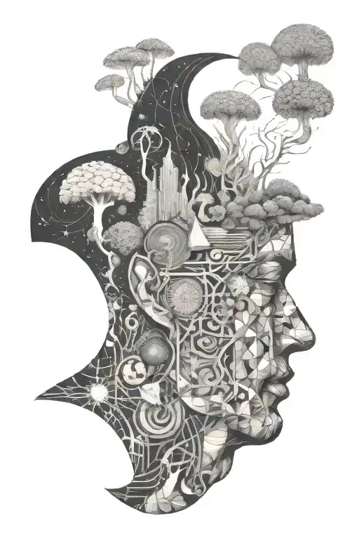 human head profile brain expanding into universe psychedelic patterns and mushrooms tattoo design idea