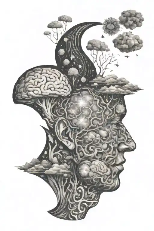 human head brain expanding into universe psychedelic patterns tattoo design idea