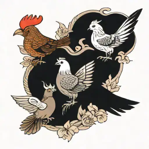 bunny and rooster and turtle dove together representing tattoo design idea