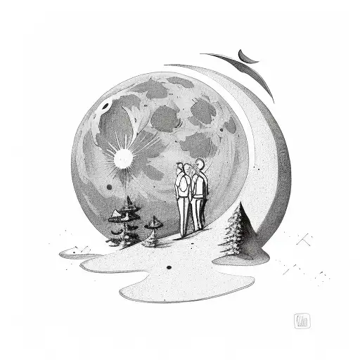 Moon with dad and daughter  tattoo design idea