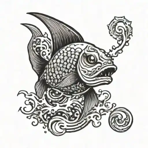 A traditional tattoo design of a grand fish aquarium with a prominent Scorpio and Taurus symbol in the center, surrounded by swirling waves and bubbles tattoo design idea