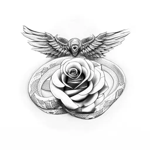 rose with snake in garden with wings tattoo design idea