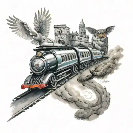 Howarts Express on a winding track, with the flying car and Hedwig the owl flying beside it tattoo design idea