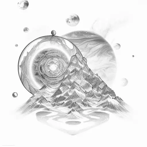 A mystical crystal planet scene inspired by Dark Crystal and Star Trek tattoo design idea