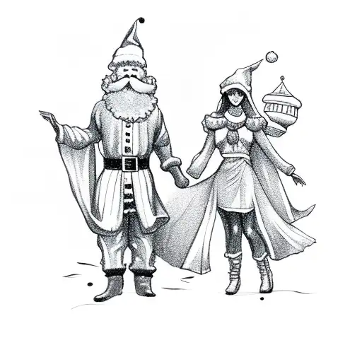 a guy in a Santa Claus costume and a girl in a snow maiden costume are holding hands, the guy is taller than the girl tattoo design idea