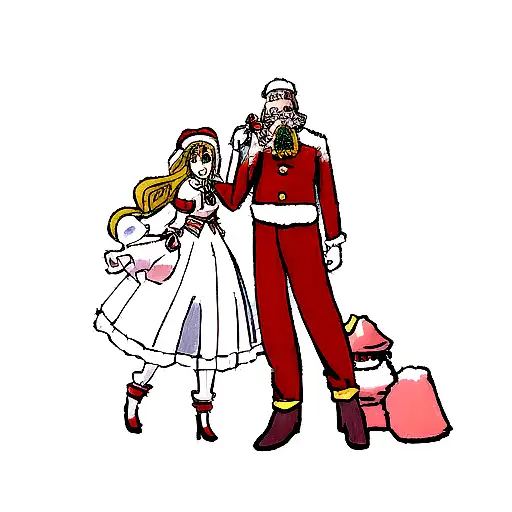 a guy in a Santa Claus costume and a girl in a snow maiden costume are holding hands, the guy is taller than the girl tattoo design idea