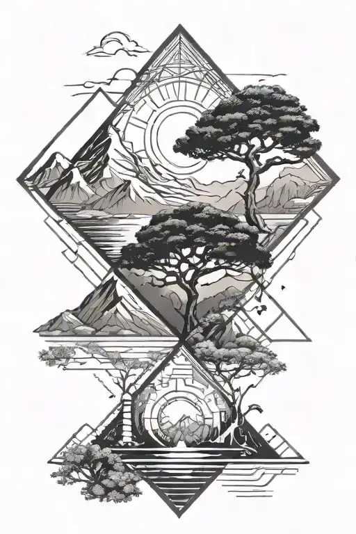 men's small tattoo black and white  with bonsai mountains and sun in a rhombus with geometric elements tattoo design idea