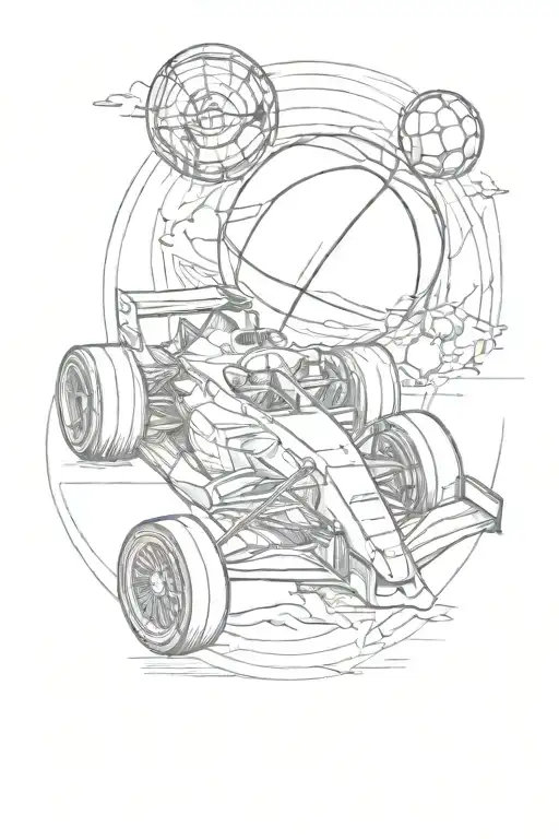 A dynamic design featuring a formula one car racing alongside a basketball and a football, symbolizing the client's passion for sports tattoo design idea