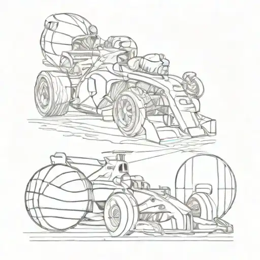 A detailed tattoo of a formula one car, basketball hoop, and boxing gloves in a sketch style, capturing the essence of the client's favorite sports tattoo design idea