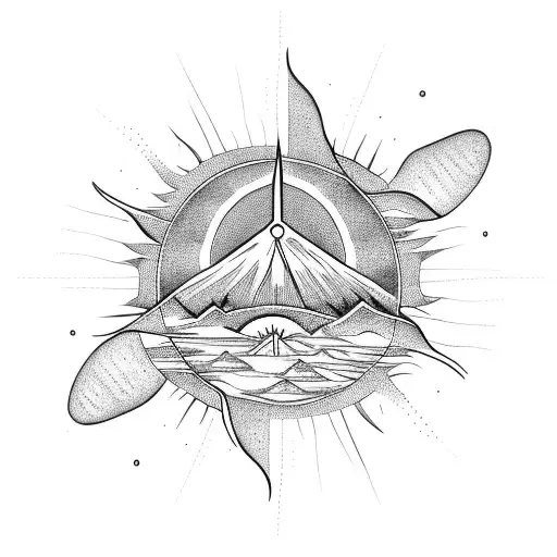 palm tree, decagon, sea, sun tattoo design idea