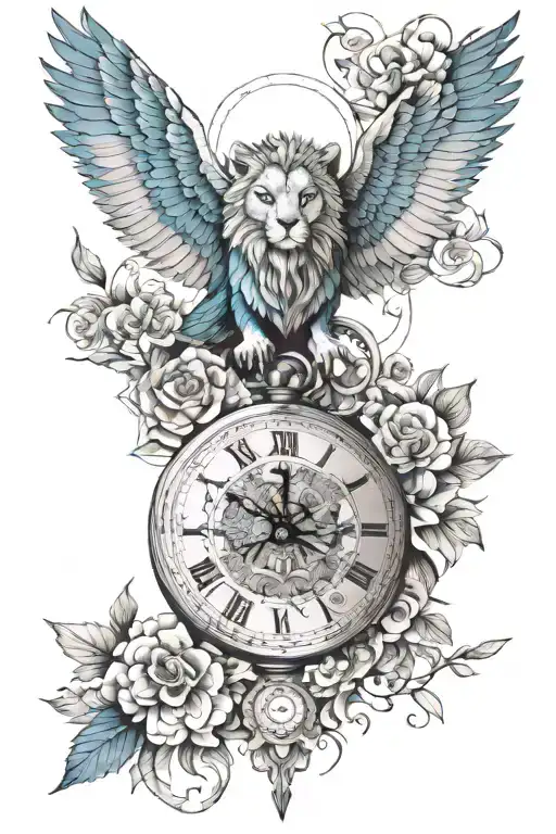 pocketwatch open,pyramid,((mandela design)), ((human blue eye )), (wings) ((sleeve)), tribal, snake, flowers, (lion), le tattoo design idea