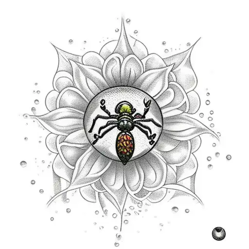 a flower that has a web with water droplets and small spiders instead of petals tattoo design idea