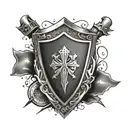 A symbolic tattoo featuring a shield representing the client's role as a Ciso, with elements of Moto and family intertwined tattoo design idea