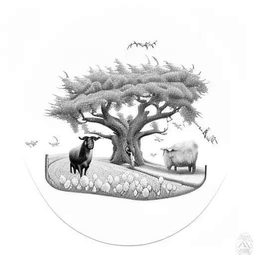 A whimsical farm scene with animals and a majestic tree tattoo design idea