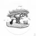 A whimsical farm scene with animals and a majestic tree tattoo design idea