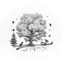 A whimsical farm scene with animals and a majestic tree tattoo design idea