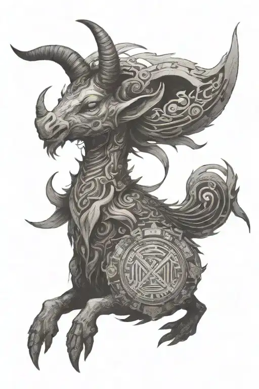 A Baphomet-inspired creature with Japanese kanji symbols and pixelated video game elements tattoo design idea