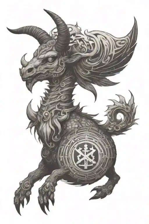 A Baphomet-inspired creature with Japanese kanji symbols and pixelated video game elements tattoo design idea