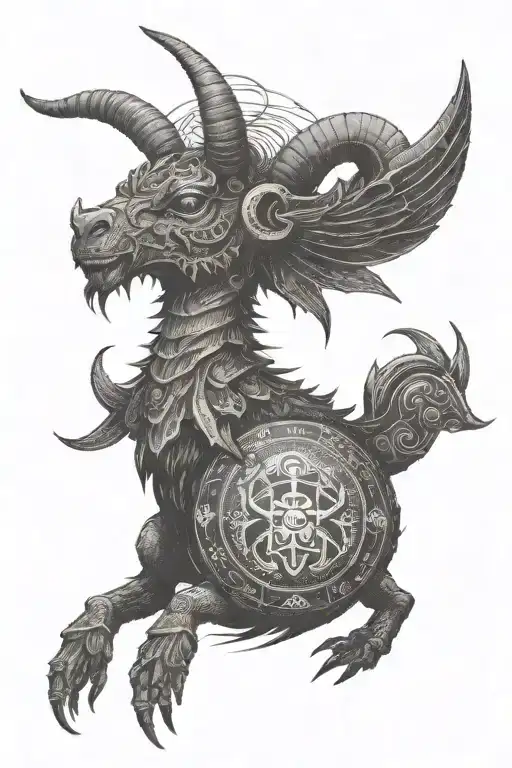 A Baphomet-inspired creature with Japanese kanji symbols and pixelated video game elements, wrapping around a scarab  tattoo design idea