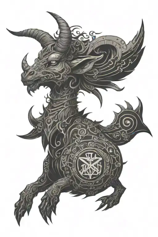 A Baphomet-inspired creature with Japanese kanji symbols and pixelated video game elements tattoo design idea