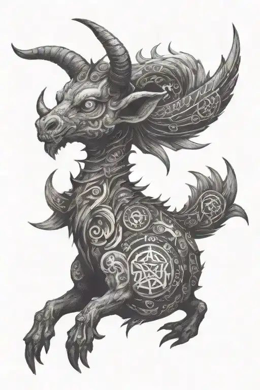A Baphomet-inspired creature with Japanese kanji symbols and pixelated video game elements tattoo design idea
