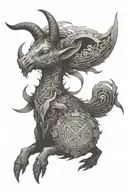 A Baphomet-inspired creature with Japanese kanji symbols and pixelated video game elements tattoo design idea