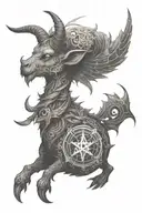 A Baphomet-inspired creature with Japanese kanji symbols and pixelated video game elements tattoo design idea