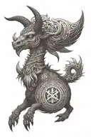 A Baphomet-inspired creature with Japanese kanji symbols and pixelated video game elements tattoo design idea