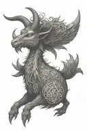 A Baphomet-inspired creature with Japanese kanji symbols and pixelated video game elements tattoo design idea