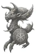 A Baphomet-inspired creature with Japanese kanji symbols and pixelated video game elements, wrapping around a scarab  tattoo design idea