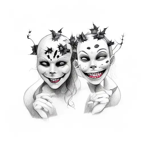 Two Theatre masks crying laughing , poison ivy leaves  tattoo design idea