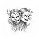 Two Theatre masks crying laughing , poison ivy leaves, arm tattoo  tattoo design idea
