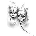 Two Theatre masks crying laughing , poison ivy leaves, arm tattoo  tattoo design idea