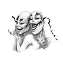 Two Theatre masks crying laughing , poison ivy leaves, arm tattoo  tattoo design idea