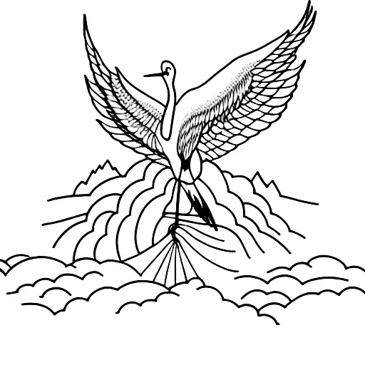 mountains with crane birds and purple lilac tattoo design idea