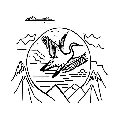 mountains with crane bird and lilacs tattoo design idea