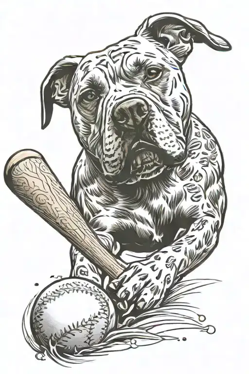 A pitbull with a baseball pattern fur, playing fetch with a baseball bat tattoo design idea