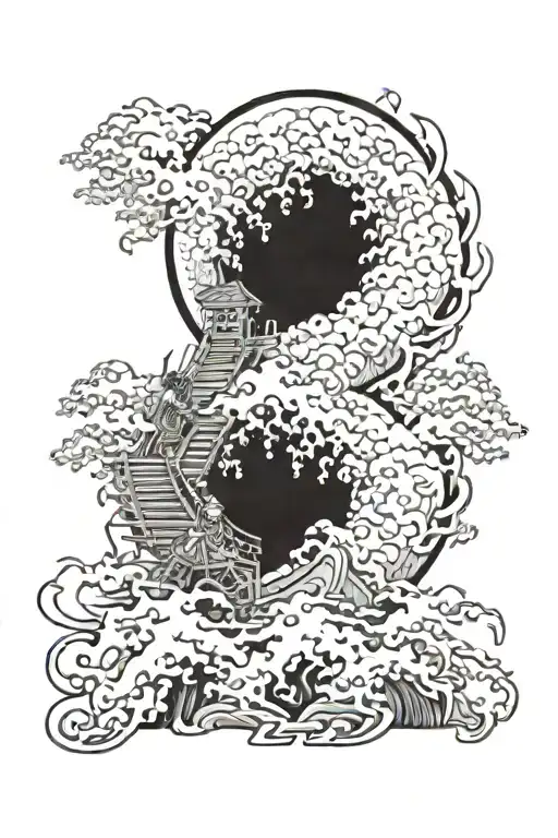 susanoo in a stormy ocean tsukuyomu climbing a ladder with the moon in the background  amaterasu in a big cave entrace  tattoo design idea