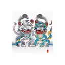 two okinawa shisa dogs fighting a sea front with a deigo flower tattoo design idea