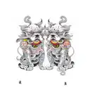 two okinawa shisa dogs fighting a sea front with a deigo flower tattoo design idea