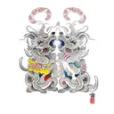 two okinawa shisa dogs fighting a sea front with a deigo flower tattoo design idea