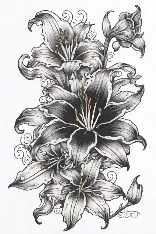 P with lillies and fuchsia flower fine tattoo design idea