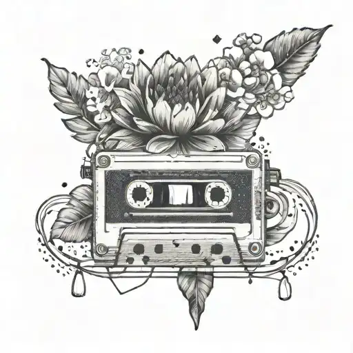 cassette tape with flower blossom around it tattoo design idea