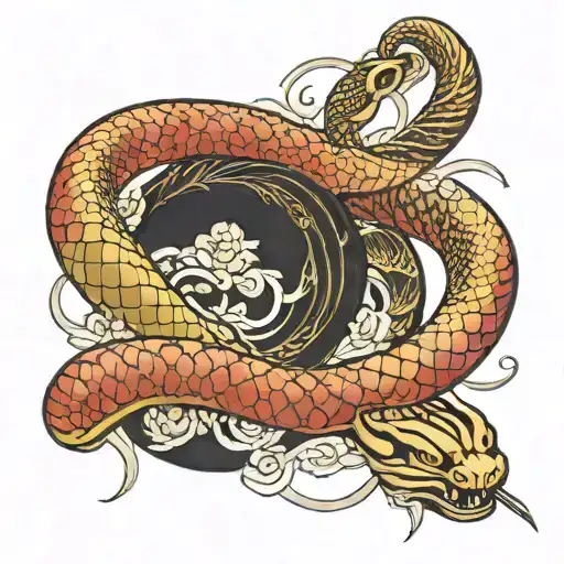gold Snake wrapped around Sword wrapped tattoo design idea