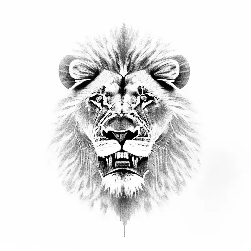 A lion driving a monster truck crushing through obstacles tattoo design idea