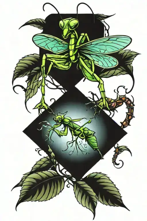 fantasy praying mantis fly away tattoo design idea
