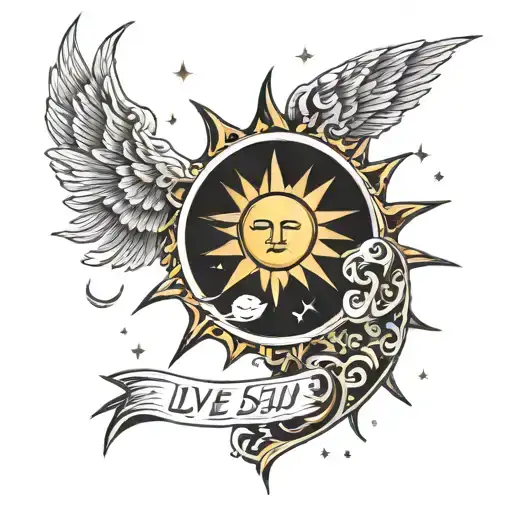 sun and moon surrounded by text saying "live by the sun" "love by the moon" tattoo design idea